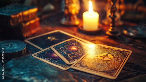 Wooden surface displaying tarot cards bathed in candlelight, evoking mysterious spiritual energy during divination ritual photo