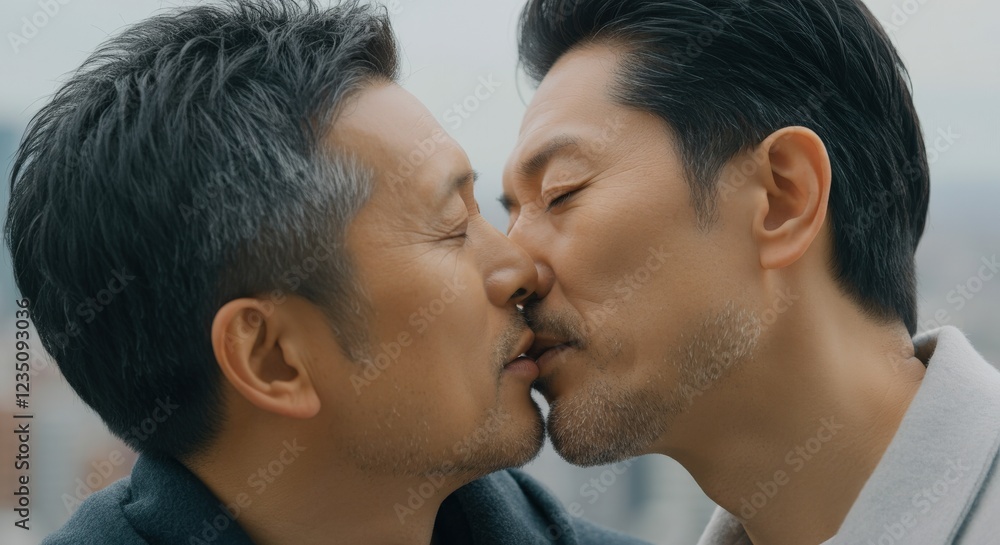 Tender moment between mature asian male couple in urban environment celebrating love and connection Tender moment between mature asian male couple in urban environment celebrating love and connection