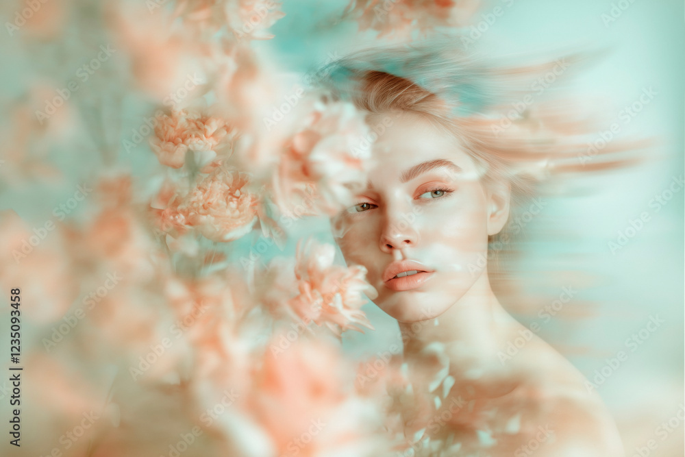 A macro photo of a caucasian model woman look with flowers, motion blur with a blurred background, a light and airy feel, natural lighting A macro photo of a caucasian model woman look with flowers, motion blur with a blurred background, a light and airy feel, natural lighting