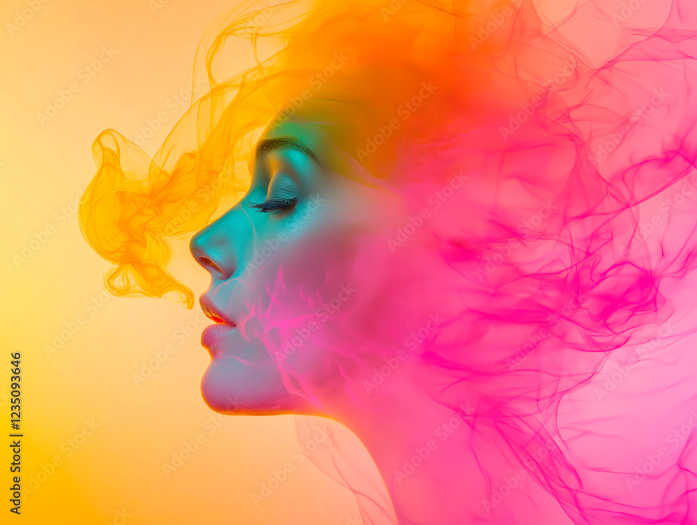 A macro photo of a Caucasian model with a blurred smoke effect with a blurred background, a feeling of lightness and airiness, multicolored lighting A macro photo of a Caucasian model with a blurred smoke effect with a blurred background, a feeling of lightness and airiness, multicolored lighting