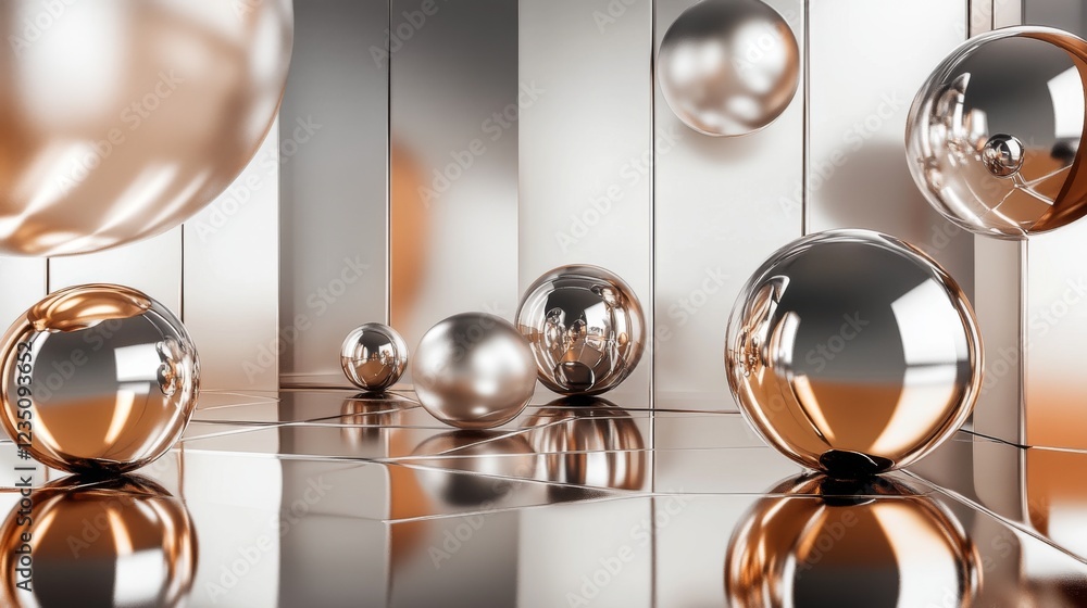 A collection of metallic spheres rest on a reflective surface, capturing light in a harmonious play of reflections, creating an artistic and captivating composition. A collection of metallic spheres rest on a reflective surface, capturing light in a harmonious play of reflections, creating an artistic and captivating composition.