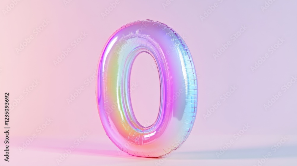 An iridescent balloon shaped like the number zero with pastel colors reflecting light, creating a dreamy and whimsical appearance against a gradient background. An iridescent balloon shaped like the number zero with pastel colors reflecting light, creating a dreamy and whimsical appearance against a gradient background.