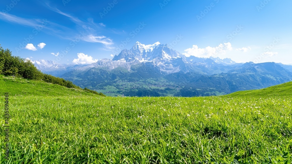 Fototapeta premium Lush green alpine meadow under a clear blue sky with majestic snow-capped mountains in the background.
