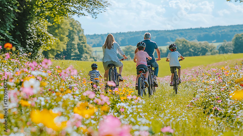 Fototapeta Naklejka Na Ścianę i Meble -  Happy family bike ride through vibrant wildflowers.  Perfect for travel, family, and active lifestyle concepts.  Enjoy the idyllic summer scenery and capture carefree moments.