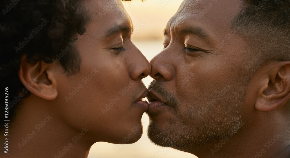 Tender moment between diverse adult males embracing love and connection during sunset Tender moment between diverse adult males embracing love and connection during sunset