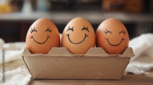 A charming image showcasing a carton of three eggs, each whimsically adorned with cheerful smiley faces, conveying a sense of joy and light-heartedness. photo