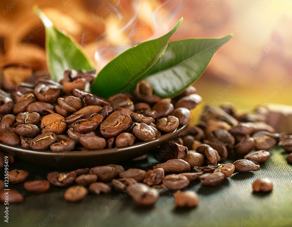 Obraz premium una mezcla de granos de cafe tostados con hojas de té e infusión