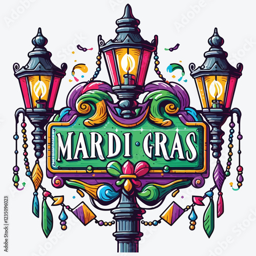 Mardi Gras Street Lamp Sign stock illustration