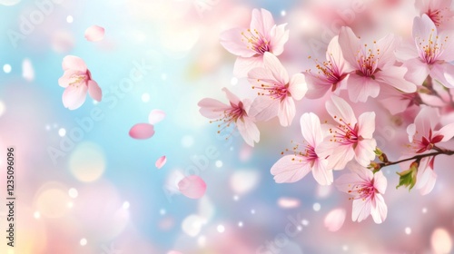 Cherry blossoms in full bloom scatter gracefully through the air, creating an enchanting scene that captures a moment of pure elegance and nature's artistry.