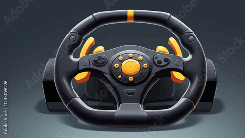 Realistic game steering wheel. Device for computer racing. Driving simulation. Concept for computer clubs, entertainment centers. Sale of game equipment. Store advertisement