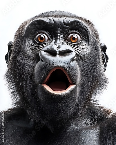 Shocked gorilla with wide-open mouth and expressive eyes in a dramatic portrait.