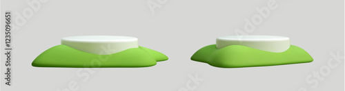 3d land grass podium. White platform in grass hill. Cartoon nature element for spring or summer design. Island, patch, hill. Vector illustration