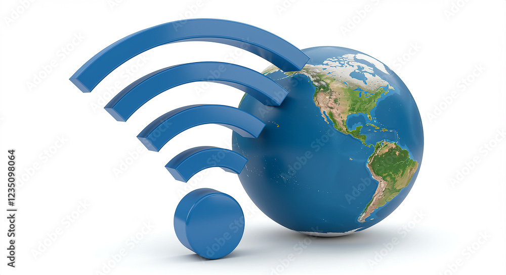 Globe with Wi-Fi symbol. Blue Wi-Fi symbol is next to the Globe. Globe with continents and oceans is on the white background Globe with Wi-Fi symbol. Blue Wi-Fi symbol is next to the Globe. Globe with continents and oceans is on the white background