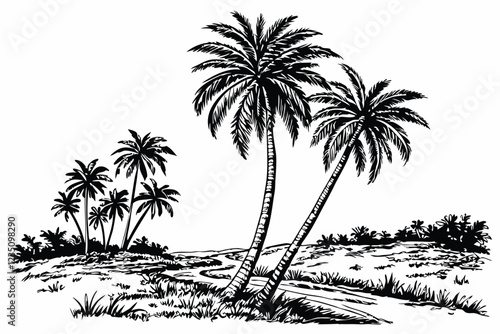 69 Botanical illustration, palm trees, black and white sketch, detailed line drawing, tropical landscape, group of coconut palms, realistic trunk textures, frond silhouettes, minimalist background, vi