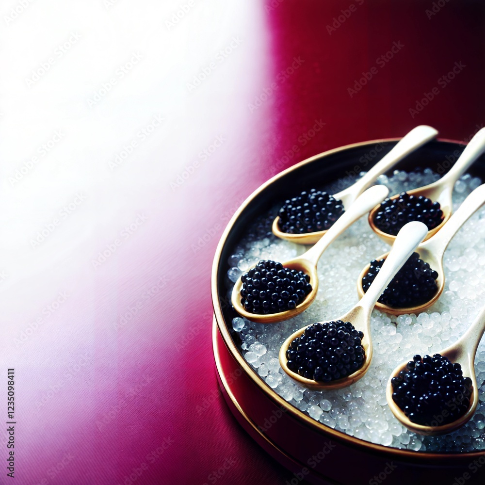 Premium black caviar served in elegant spoons on ice, gourmet delicacy presentation, culinary concept Premium black caviar served in elegant spoons on ice, gourmet delicacy presentation, culinary concept