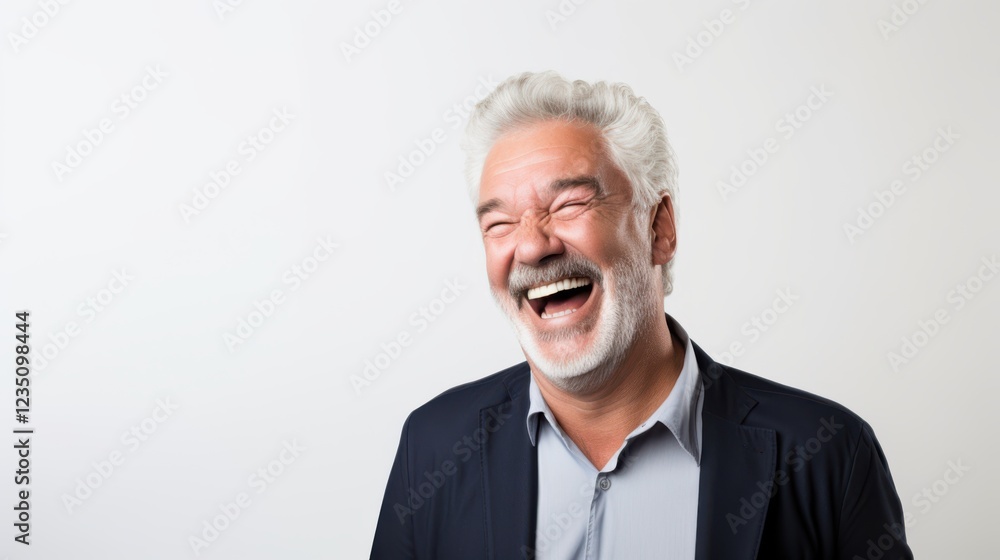 A mature man in a studio bursts into laughter, exuding joy and authenticity against a simple, light backdrop, capturing a moment of genuine happiness. A mature man in a studio bursts into laughter, exuding joy and authenticity against a simple, light backdrop, capturing a moment of genuine happiness.