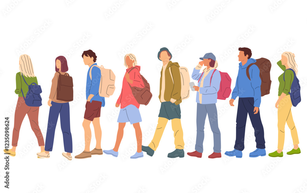 Group men and women walking with backpacks, profile, different colors, cartoon character, silhouettes people, vacation clothes; flat icon design concept, vector, isolated on white