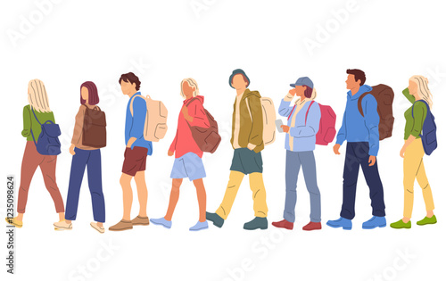 Obraz na płótnie Group men and women walking with backpacks, profile, different colors, cartoon character, silhouettes people, vacation clothes; flat icon design concept, vector, isolated on white w salonie