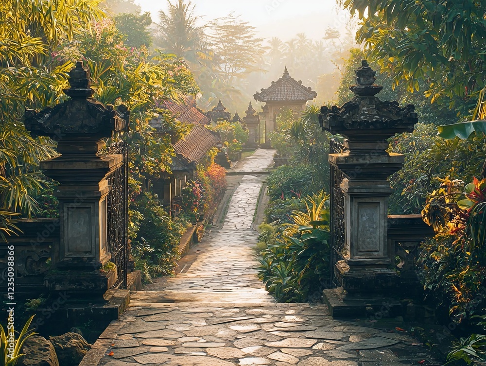 Obraz premium Stone path leading to a tranquil temple in lush gardens.
