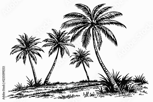 69 Botanical illustration, palm trees, black and white sketch, detailed line drawing, tropical landscape, group of coconut palms, realistic trunk textures, frond silhouettes, minimalist background, vi
