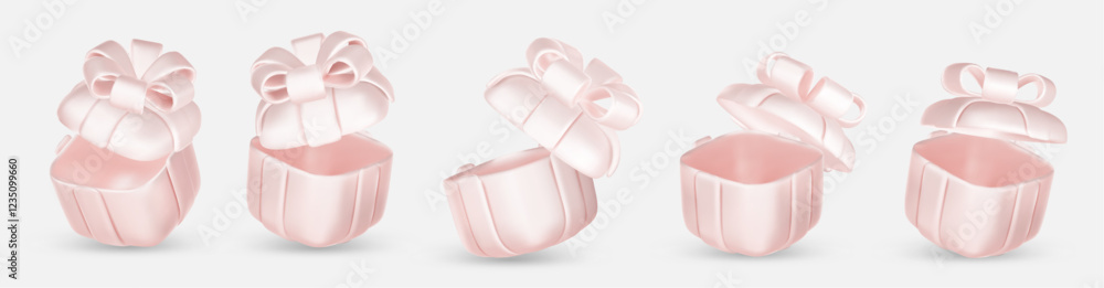 3d gift boxes set with ribbon bow isolated on a white background. 3d render flying modern holiday closed surprise box. 3d gift boxes set with ribbon bow isolated on a white background. 3d render flying modern holiday closed surprise box.