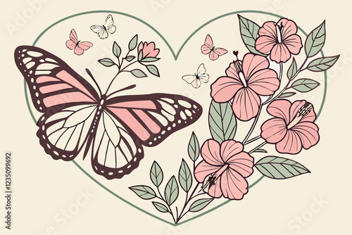 Vintage botanical heart illustration, intricate butterfly wings, colorful flowers, delicate petals, lush foliage, romantic floral arrangement, heart-shaped composition, soft pastel colors, detailed na