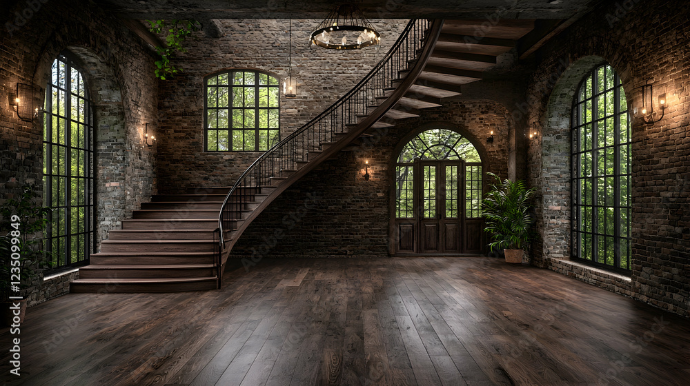 Fototapeta premium Grand stone staircase in a rustic mansion interior