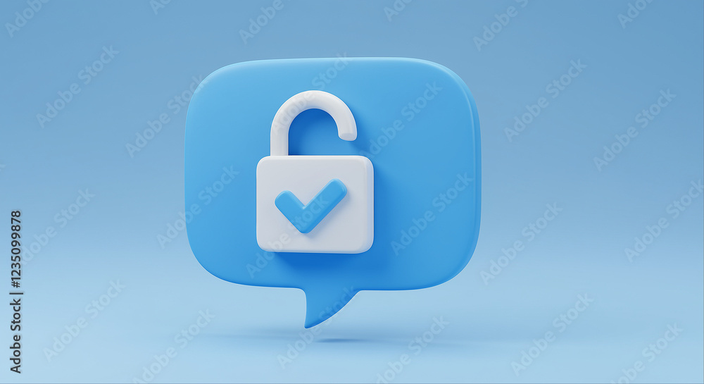 Lock icon in a blue speech bubble with checkmark. Secure messaging system with lock icon. Communication system with lock Lock icon in a blue speech bubble with checkmark. Secure messaging system with lock icon. Communication system with lock