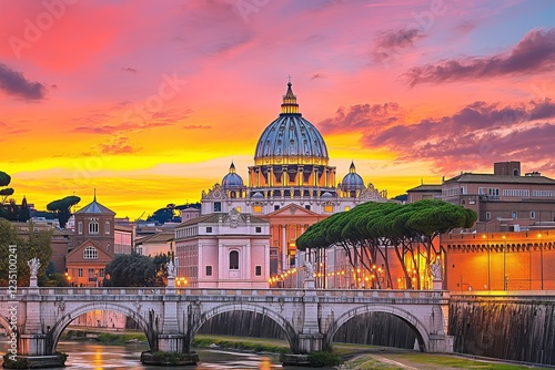 A beautiful city with a large church and a bridge photo