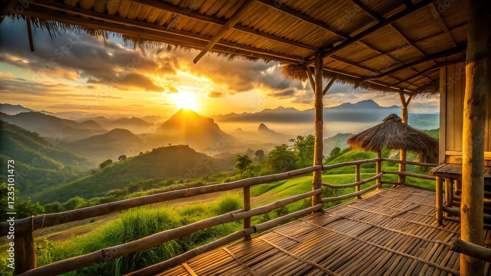 Fototapeta premium Sunset Mountain View from Rustic Bamboo Hut – Peaceful Nature Escape