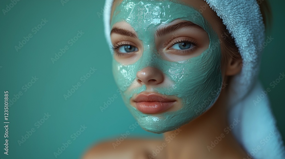 Professional Beauty Salon Portrait of a Young Woman with Facial Mask and Giant Lipstick – Soft Green Background Professional Beauty Salon Portrait of a Young Woman with Facial Mask and Giant Lipstick – Soft Green Background