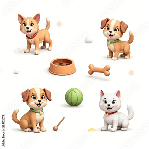 Feed pet bowls, food package bag, bone and metal can 3D vector icon set. Cartoon pet care accessory, nutrition for cats and dogs. Realistic domestic animal eating utensil and products