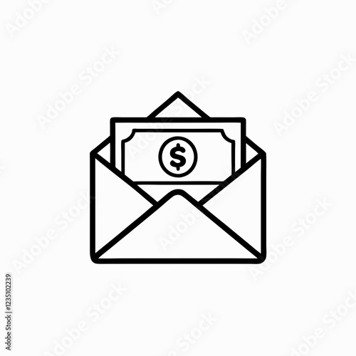 Line drawing of open envelope revealing dollar bill. Simple monetary transfer illustration. Concept of mail payment, money transfer services, postal banking.
