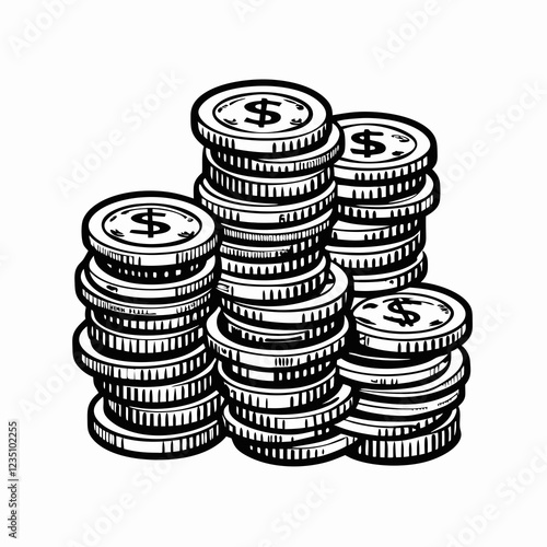 Vintage-style illustration of scattered dollar coin stacks. Detailed linework showing textured currency piles. Concept of wealth management, savings, financial growth.