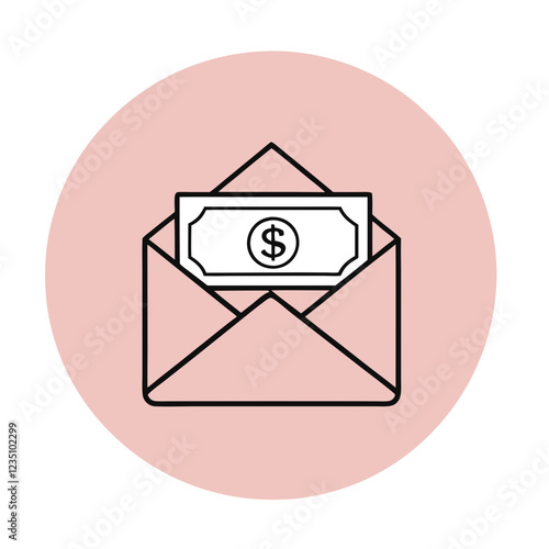 Dollar bill emerging from white envelope on pink circular background. Minimalist line art design. Concept of payment processing, money transfer, postal banking.