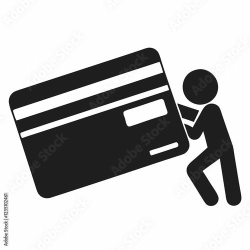 Credit Card Swipe. Figure bearing weight of massive credit card. Minimalist black and white design shows physical strain. Concept of debt consolidation, credit counseling, financial planning.