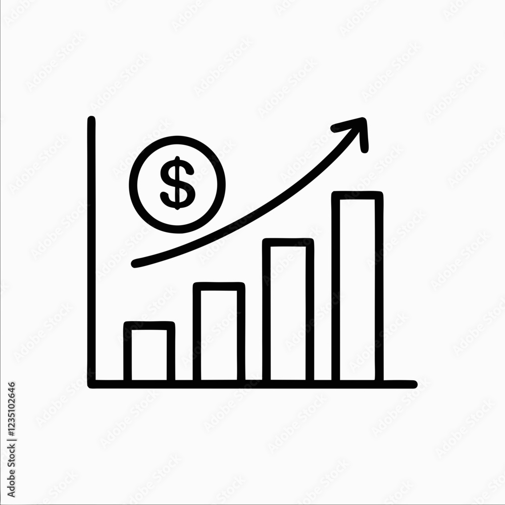 Simple line graph showing upward trend with dollar symbol. Modern black and white minimalist design. Concept of financial performance, market analysis. Simple line graph showing upward trend with dollar symbol. Modern black and white minimalist design. Concept of financial performance, market analysis.