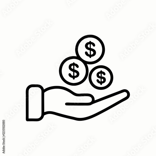 Open palm beneath three floating dollar coins. Dynamic line illustration suggests earning potential. Concept of income growth, financial success, earnings potential.