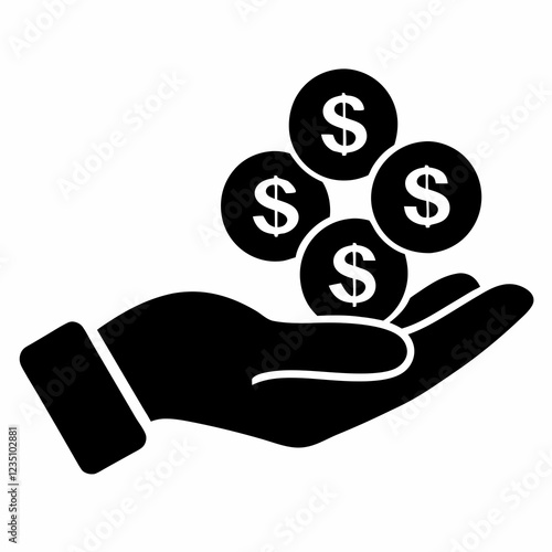 Hand cupping four dollar coins in protective gesture. Minimalist black and white design shows financial security. Concept of savings, investment management, wealth protection.