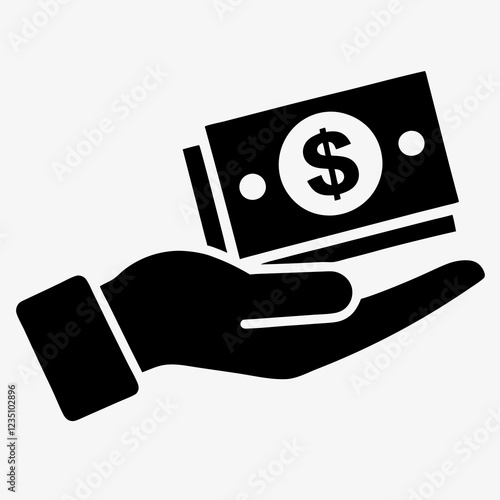 Hand extending dollar bills in generous offering gesture. Simple black and white illustration conveys giving. Concept of banking, charity donations, financial aid.