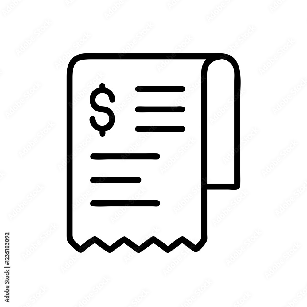 Receipt with dollar sign and text lines rolls upward. Minimalist line art shows financial record details. Concept of accounting, retail transactions. Receipt with dollar sign and text lines rolls upward. Minimalist line art shows financial record details. Concept of accounting, retail transactions.