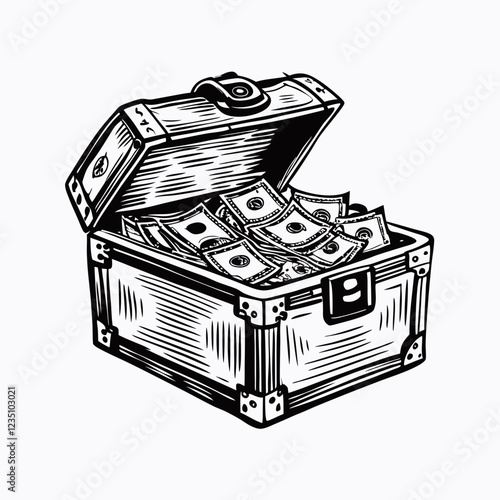 Vintage-style chest overflowing with money stacks. Detailed black and white woodcut-style illustration showing abundant wealth. Concept of treasure hunting, wealth storage, financial prosperity.