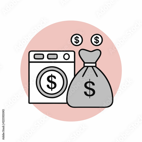 Minimalist washing machine with floating dollar signs. Simple line drawing against pink circle background. Concept of laundromat services, household expenses, cleaning business.