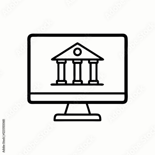 Computer screen showcases classical bank building icon. Simple line drawing emphasizes institutional accessibility. Concept of digital banking, online education.