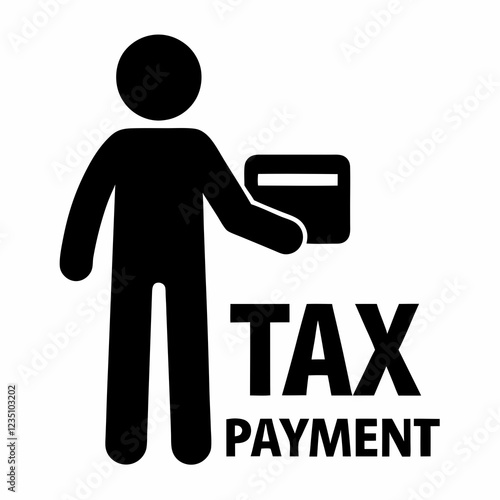 Person holding credit card for tax payment. Simple pictographic representation showing financial responsibility. Concept of taxation, e-payment, financial services.