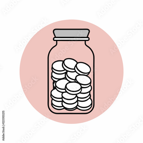 Glass jar filled with round cookies on pink circle background, simple line drawing style illustration. Concept of sweets, treats, storage containers
