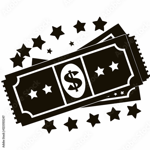 Wad of cash with exploding stars in black and white. Dynamic money illustration showing prosperity. Concept of lottery, gambling, jackpot.