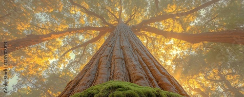 Aweinspiring lowangle shot of a giant trees majestic trunk and expansive branches, bathed in warm, golden sunlight filtering through morning mist. photo