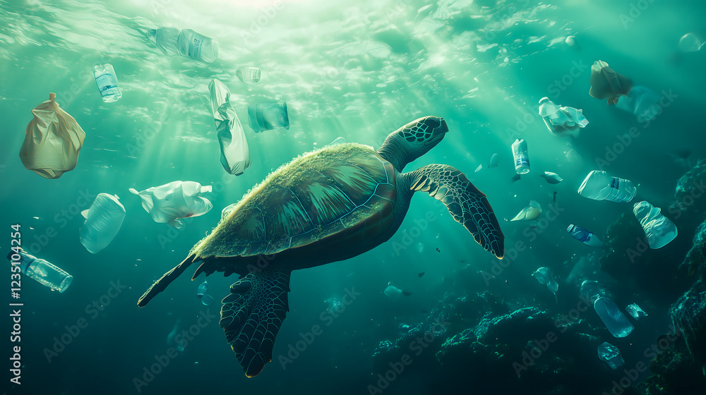 Fototapeta premium dramatic underwater scene showing a sea turtle trapped in a cloud of floating plastic bags and bottles