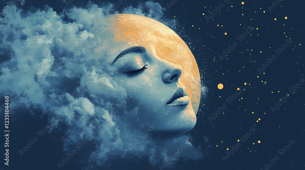 Naklejka premium Png surreal moon face illustration. Dreamy Surrealism. Illustration
